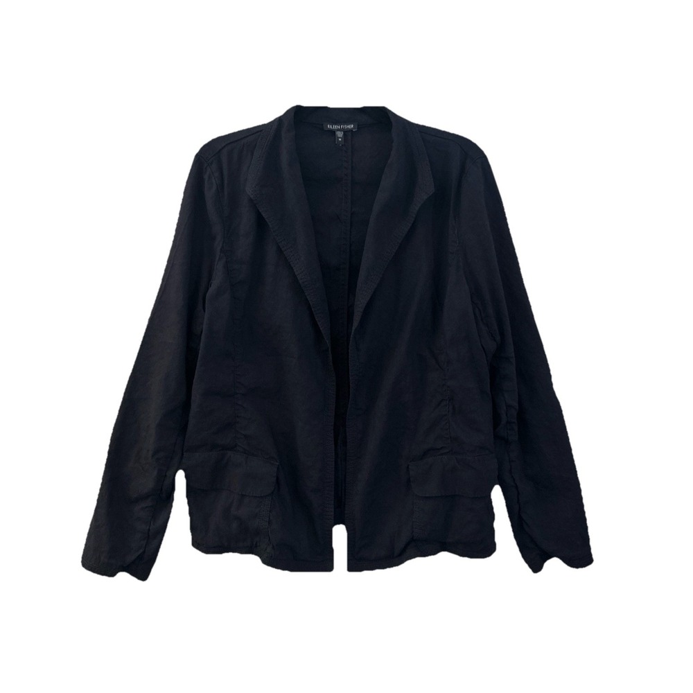Eileen Fisher Black Charcoal Linen Blend‎ Open Front Blazer With Topstitching M